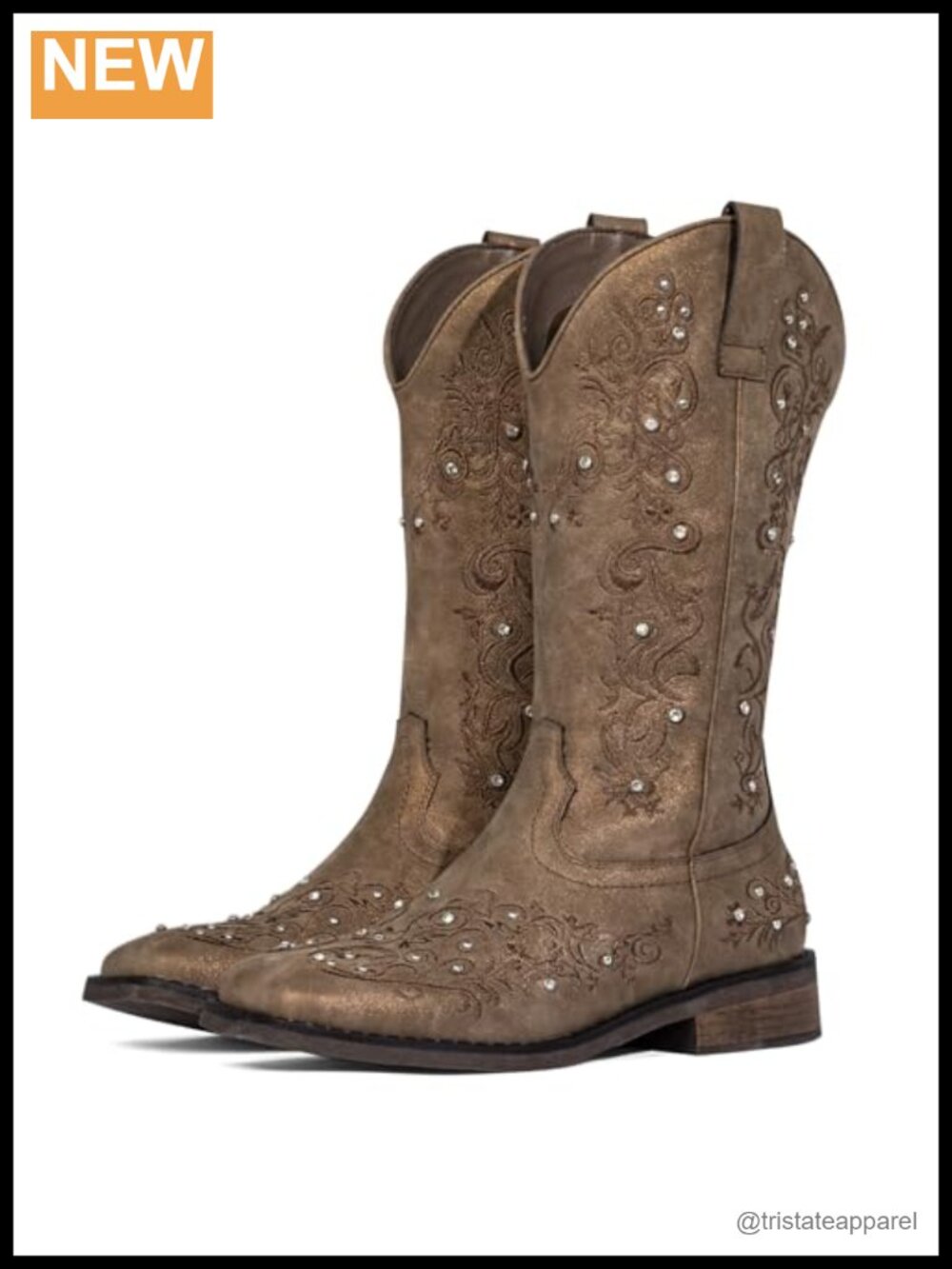 Sparkly Rhinestone Western Cowgirl Boots Faux Leather Square Toe Mid-Calf